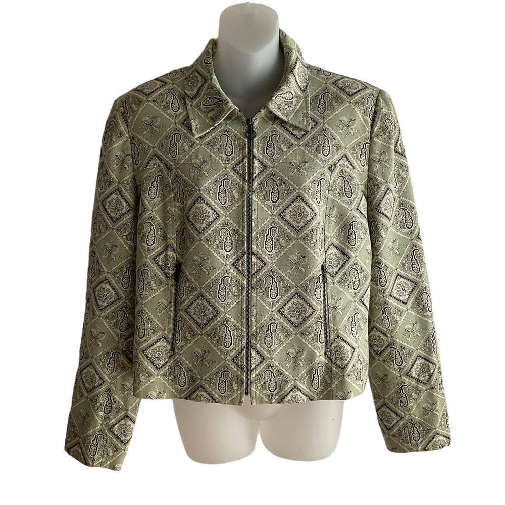 Carlisle Jacket Zip Front Green Black Bow Floral Print Zip Cuffs Rare Vintage 14